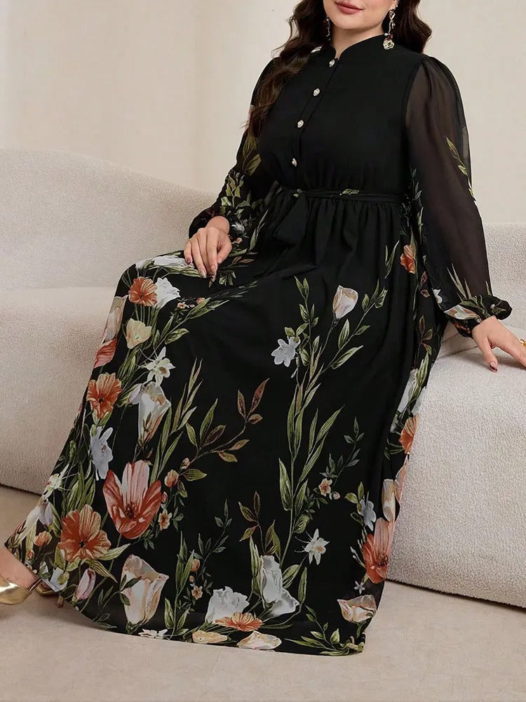 Floriah - Robe longue florale col mandarin