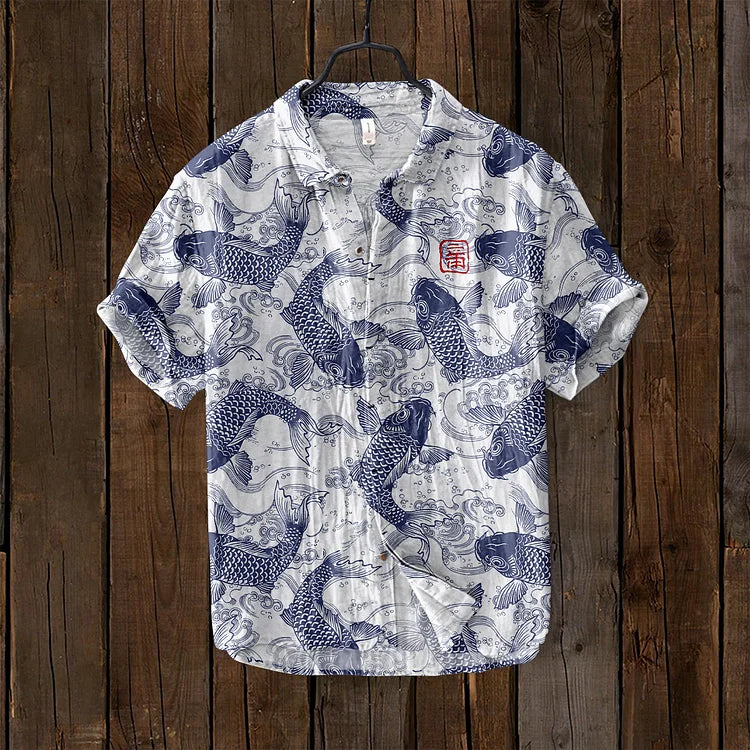 Chemise décontractée à manches courtes avec motif de poissons asiatiques