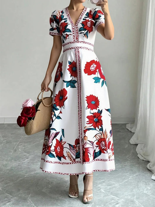 Pivoina - Robe midi florale cintrée soirée