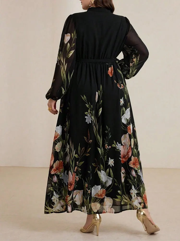 Floriah - Robe longue florale col mandarin