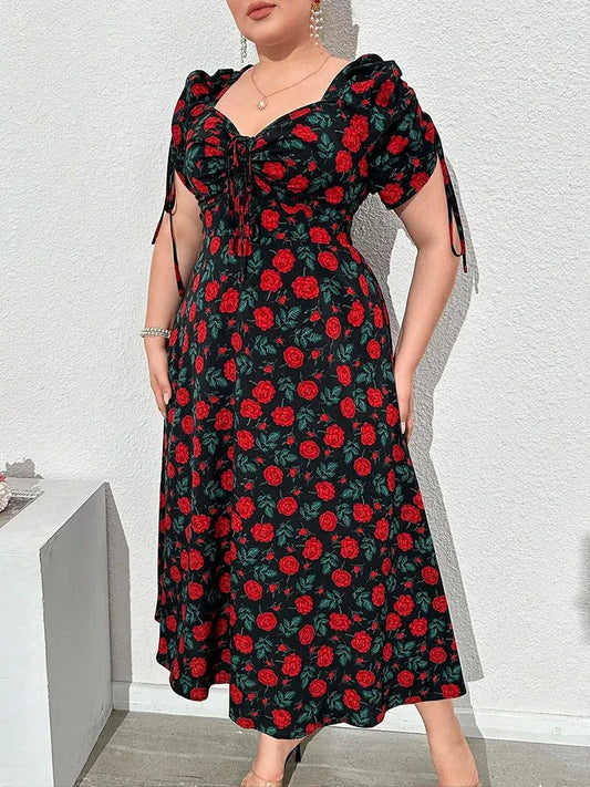 Dahlia - Robe midi florale col V décontractée