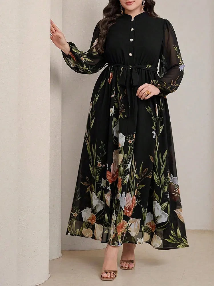 Floriah - Robe longue florale col mandarin