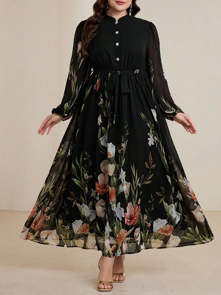 Floriah - Robe longue florale col mandarin