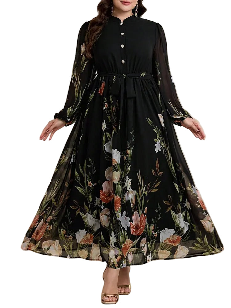 Floriah - Robe longue florale col mandarin