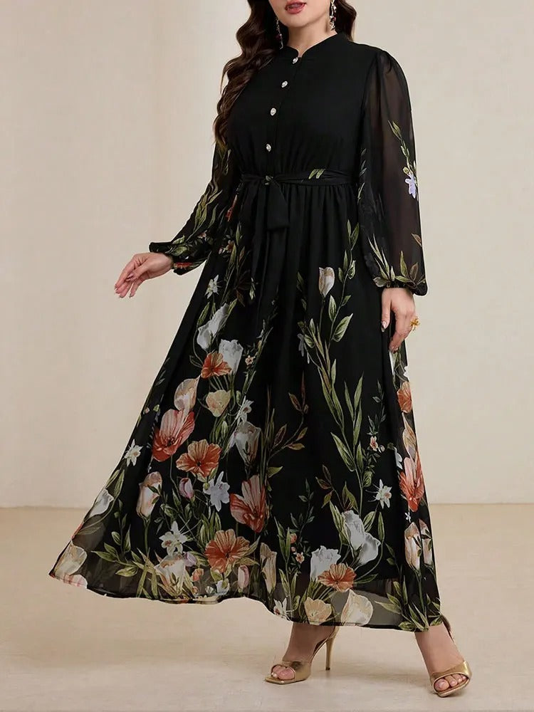 Floriah - Robe longue florale col mandarin
