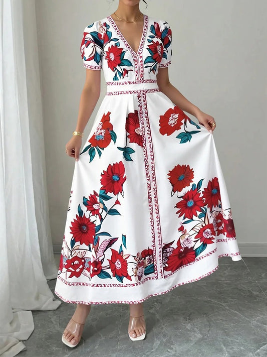Pivoina - Robe midi florale cintrée soirée