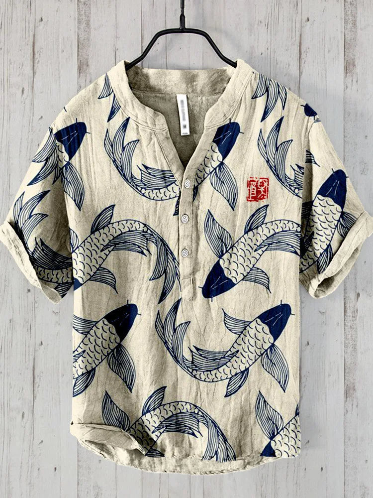 Chemise décontractée à manches courtes avec motif de poissons asiatiques