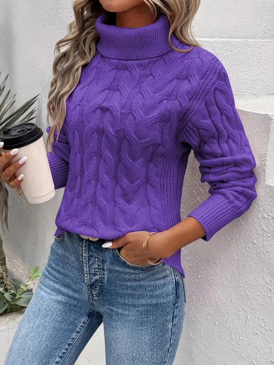 Pull hiver col roulé avec torsades élégantes pour un look chic