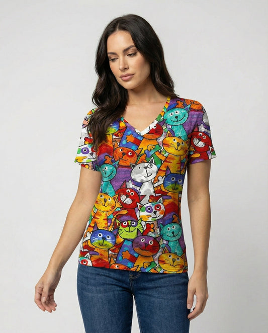 T-shirt confortable pour femmes avec motif coloré de chats