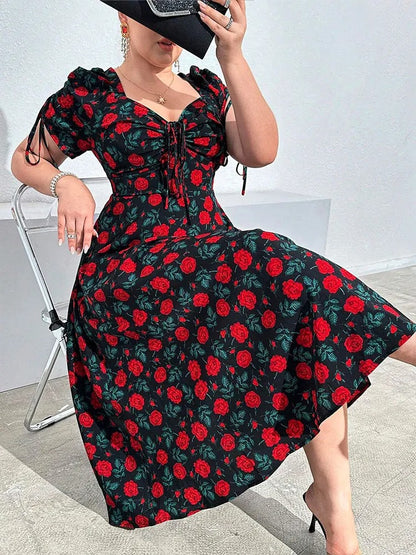 Dahlia - Robe midi florale col V décontractée