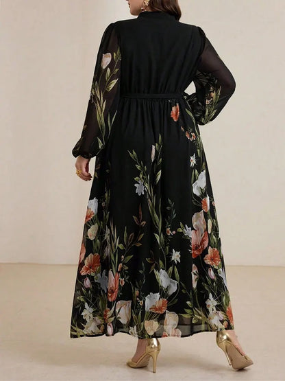 Floriah - Robe longue florale col mandarin
