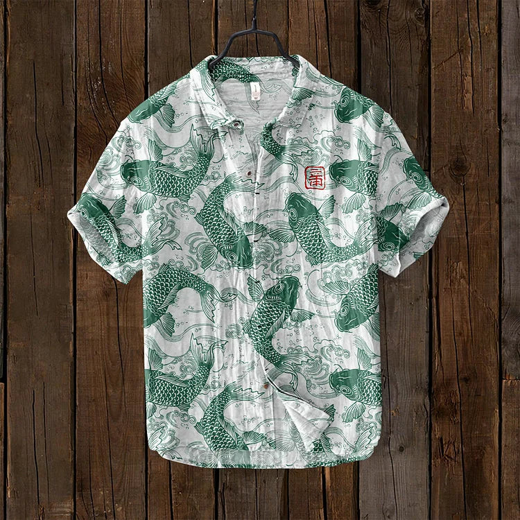 Chemise décontractée à manches courtes avec motif de poissons asiatiques