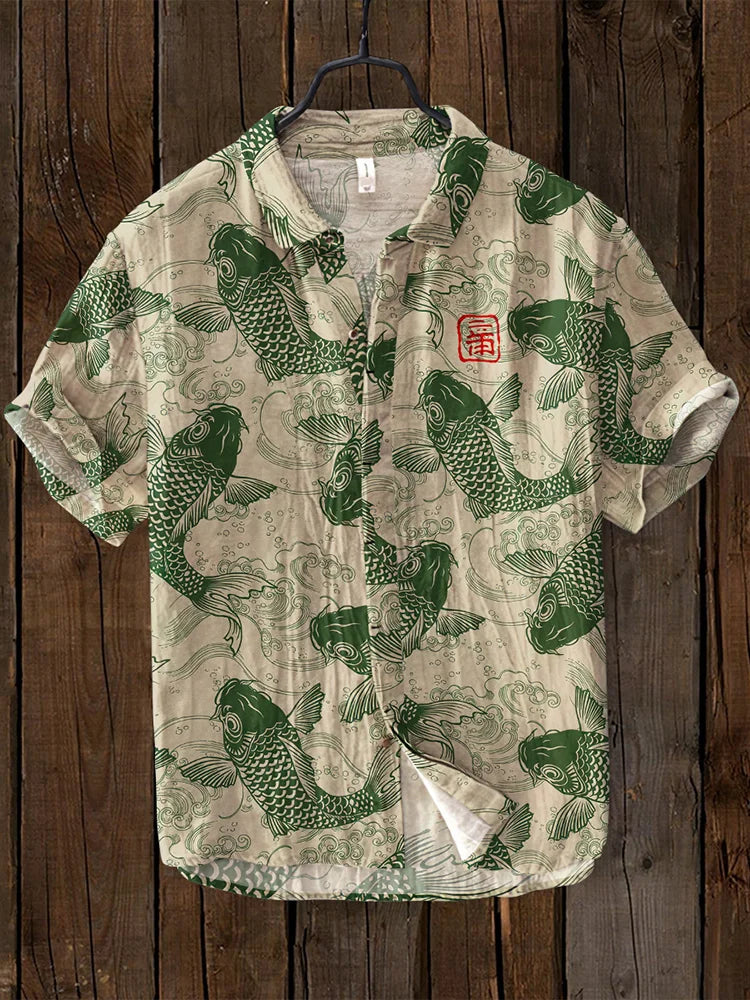 Chemise décontractée à manches courtes avec motif de poissons asiatiques
