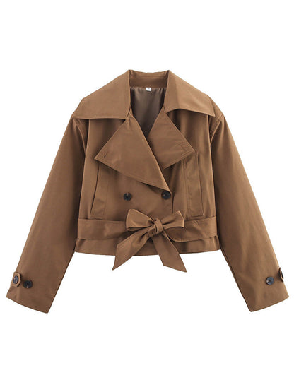 Trench-coat court pour femme avec grand col et ceinture à la taille
