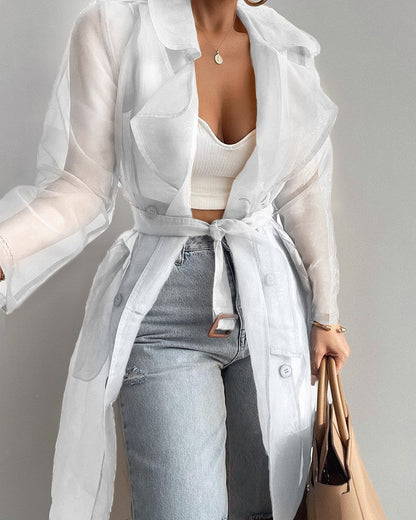 Manteau long ceinturé transparent pour femme élégant et stylé