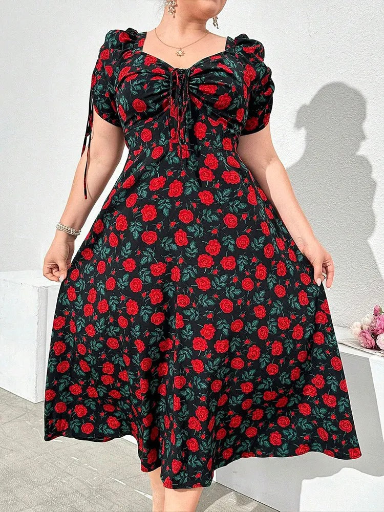 Dahlia - Robe midi florale col V décontractée