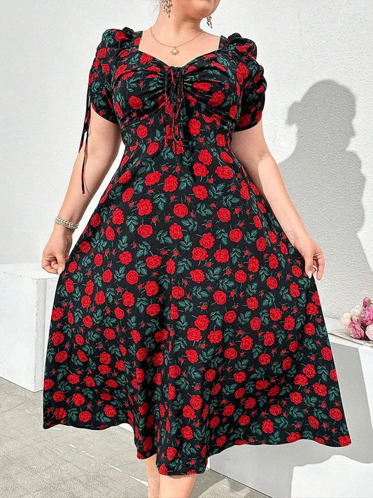 Dahlia - Robe midi florale col V décontractée