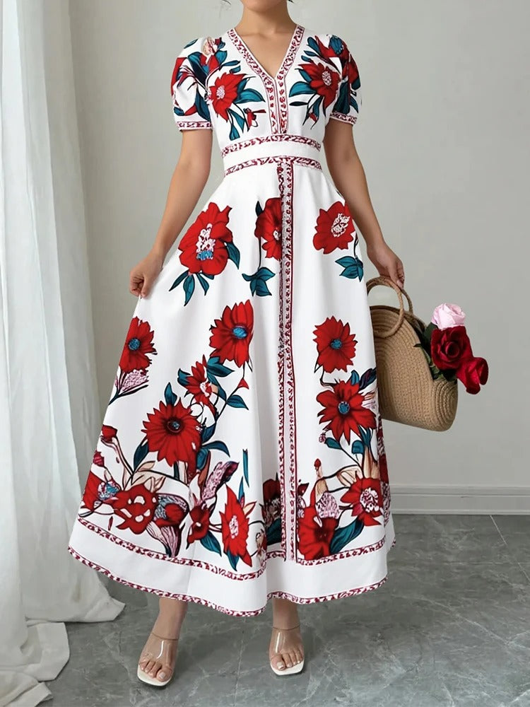 Pivoina - Robe midi florale cintrée soirée